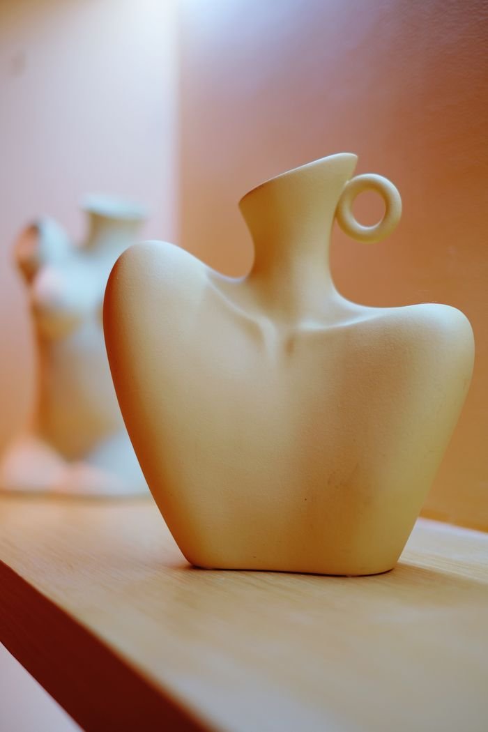 Contemporary ceramic vase with artistic design exhibited on a shelf, highlighting modern interior decor styles.